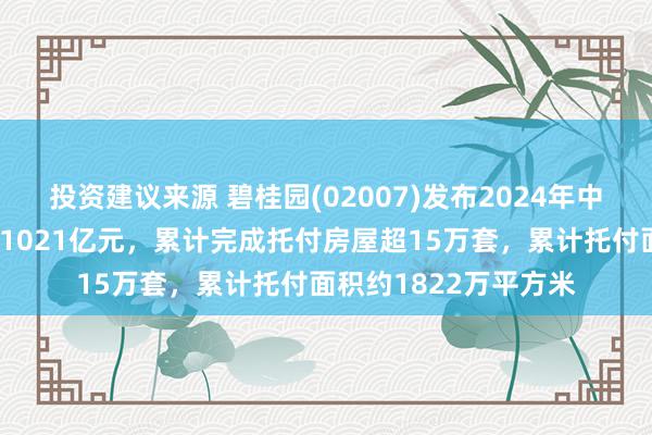 投资建议来源 碧桂园(02007)发布2024年中期功绩，收场收入约1021亿元，累计完成托付房屋超15万套，累计托付面积约1822万平方米