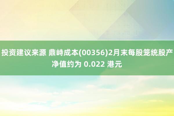 投资建议来源 鼎峙成本(00356)2月末每股笼统股产净值约为 0.022 港元